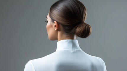 medical condition portrait, sleek hair bun, anatomical pain indication, pristine white top, dramatic spotlight effect, professional gray background, educational photography