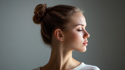 medical condition portrait, sleek hair bun, anatomical pain indication, pristine white top, dramatic spotlight effect, professional gray background, educational photography