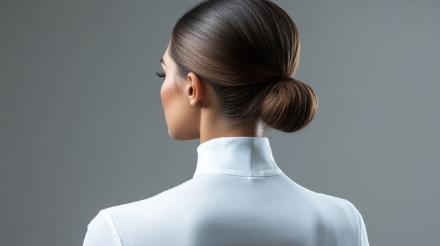 medical condition portrait, sleek hair bun, anatomical pain indication, pristine white top, dramatic spotlight effect, professional gray background, educational photography