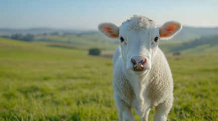 Obraz premium sheep standing in the middle of a green, grassy field with rolling hills in the background on a sunny day. 