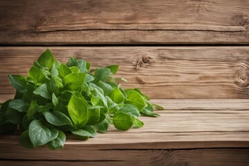 Fototapeta premium Fresh green leaves and herbs on a wooden table illuminated by natural sunlight close-up photography of nature and organic plants
