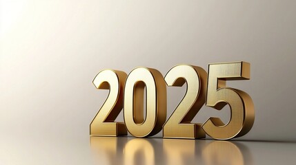3D golden number "2025" on a table, symbolizing the future and the new year, ultra-realistic photography with a light background, perfect for New Year concepts and celebrations in 3D rendering style.