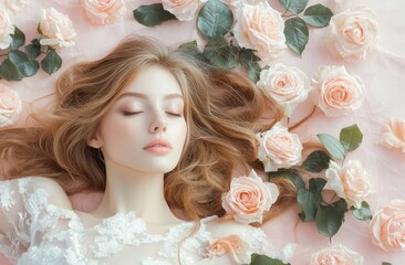 Stunning beauty backdrop, model lying on a pink floral surface with long hair and flowers surrounding her