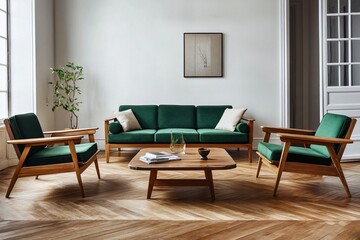 Fototapeta premium Elegant Mid Century Modern Living Room with Emerald Green Velvet Sofa and Armchairs