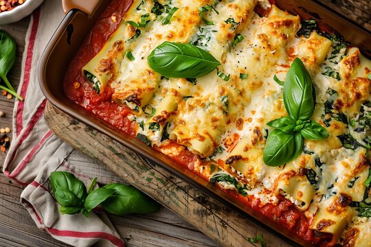 A dish of baked manicotti with ricotta and spinach filling, topped with marinara sauce and melted mozzarella, garnished with fresh basil.