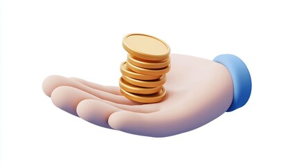 3D icon of a hand holding coins in a cute, cartoon style, featuring a blue and gold color palette on a white background. Minimalistic design with high resolution and clean, detailed visuals.  