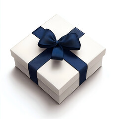 white gift box with a navy blue ribbon, isolated on a white background.