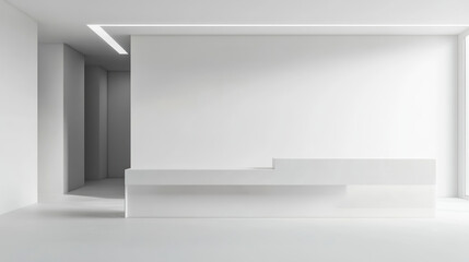 minimalist white reception desk in modern office with clean lines and bright lighting. space is open and uncluttered, emphasizing simplicity and elegance