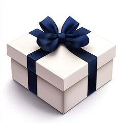 white gift box with a navy blue ribbon, isolated on a white background.