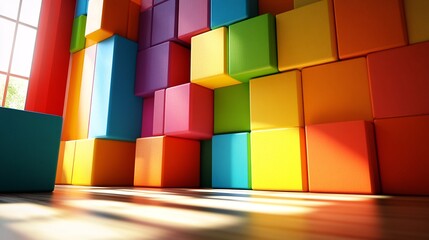 Sunlight illuminating room with colorful cubes stacked on wall