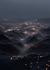 Close-up of a body of water at night. the water appears to be calm and still, with small waves crashing onto the shore. the sky is dark and cloudy, and the horizon is visible in the background.