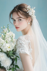 Fototapeta premium young woman in a delicate white bridal gown, holding a bouquet of white flowers with a serene, joyful expression. Her soft brown hair is styled in an elegant updo, adorned with a floral tiara 