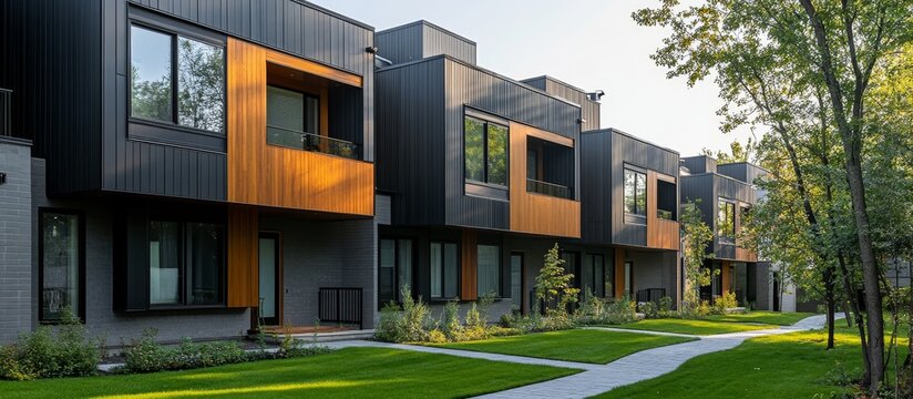 Modern townhomes, landscaped pathway, tree-lined street, suburban setting, real estate - Powered by Adobe