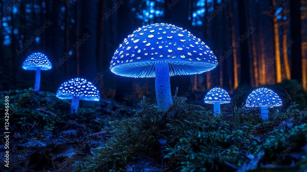 Poster bright blue mushrooms illuminate the forest floor, surrounded by dark trees during twilight. the eth