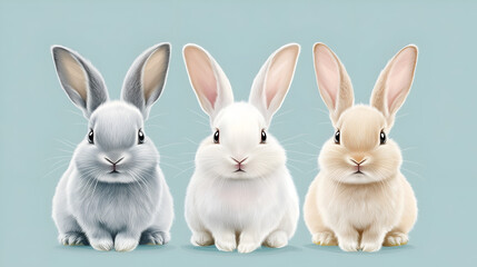 Fototapeta premium Three cute rabbits, pastel colors, pastel blue background