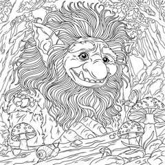 Cute Troll in the forest.Fantasy character.Coloring book antistress for children and adults.