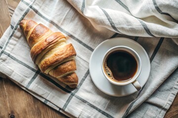 A delicious freshly baked croissant, a white cup of coffee and a cotton napkin on a wooden background. French breakfast. Delicious pastries in close-up.
