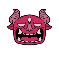 A cartoonish drawing of a red demon with horns and a mouth wide open