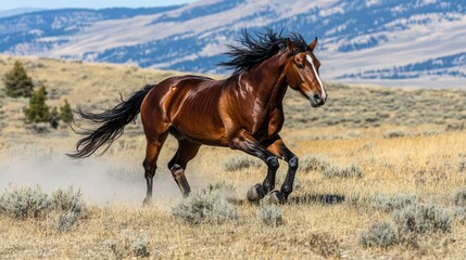 A wild mustang galloping across the open plains of Montana, its powerful muscles rippling under the sunlight and dust kicking up around its hooves