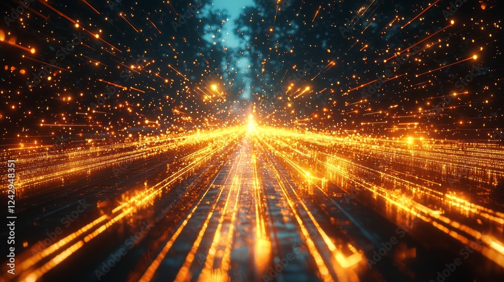 Poster vibrant orange light beams sweep through a dense forest, illuminating the narrow path as evening des