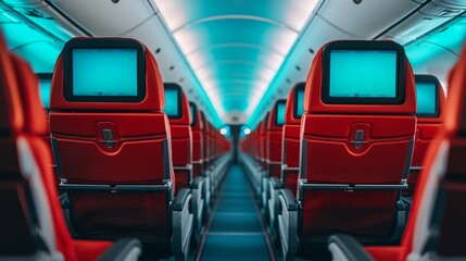 Empty Airplane Seats with Personal Screens Red Interior Modern Aircraft Cabin