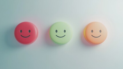 3D emoji satisfaction scale, gradient color progression red to green, minimal emotional faces, soft shadows, clean white background, rounded button style, modern UI design, centered composition