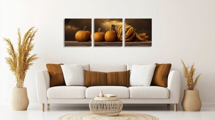 Cozy autumn living room with pumpkins decor.