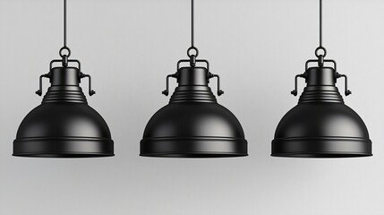 Three black pendant lamps, modern interior design, minimalist background, home decor