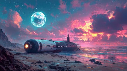 Obraz premium Futuristic Submarine on Alien Beach at Sunset: A Surreal Seascape Painting