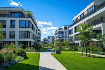 Naklejka premium Modern apartment complex sunny courtyard pathway
