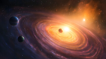 A dreamlike galaxy scene with planets in vivid pastel tones orbiting around a radiant star. Cosmic dust swirls in a spectrum of colors, creating an ethereal, glowing backdrop.