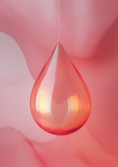 Digital illustration of a single drop of water hanging from a white string. the drop is in the shape of a teardrop and is made of a transparent material, with a gradient of orange and pink hues.