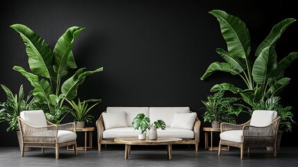 Tropical plants flank white sofa in modern dark room