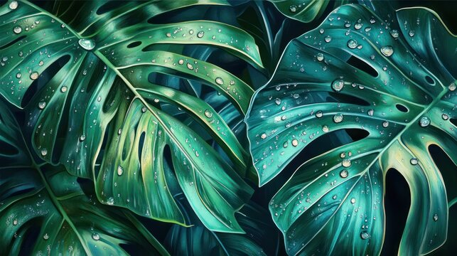 An extreme close-up of tropical leaves, glistening with dew droplets that sparkle in the early light