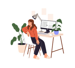 Fototapeta premium Woman with sedentary work stretches on chair at break. Office worker does physical exercises at computer desk. Employee does yoga workout at home workplace. Flat isolated vector illustration on white