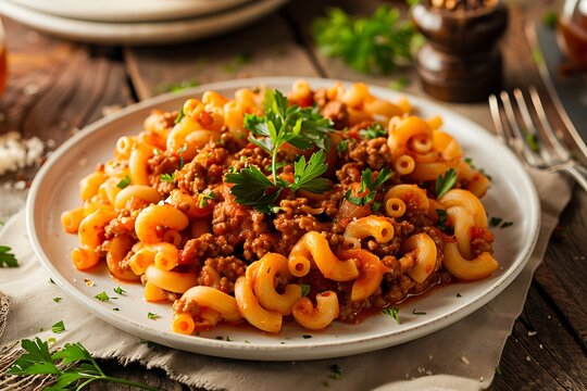 A plate of classic macaroni and beef with elbow macaroni, ground beef, and tomato sauce, garnished with freshly chopped parsley.
