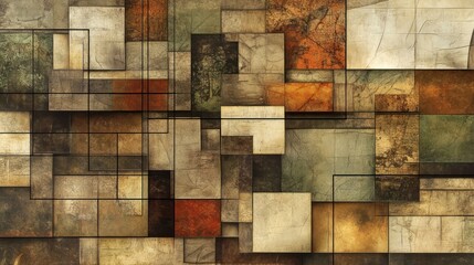 An intricate grid of layered squares and rectangles in earthy tones of brown, beige, and olive green, with a mosaic