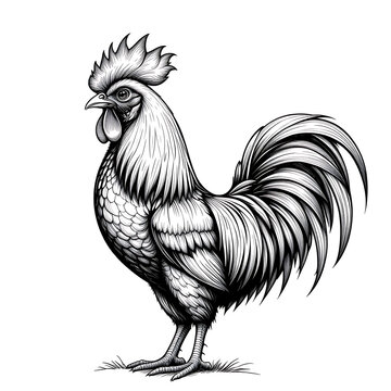 Detailed Black and White Rooster Illustration.