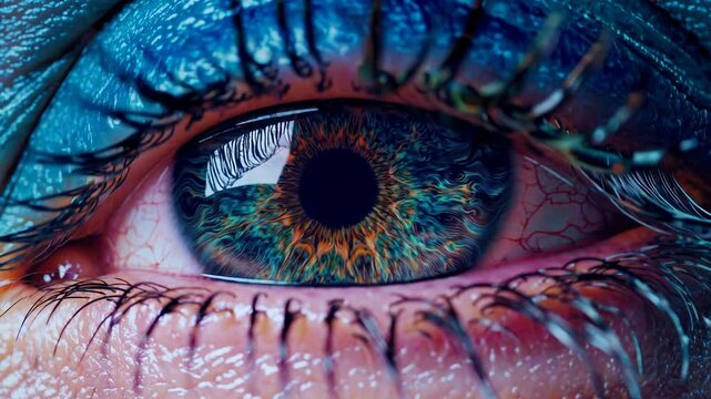  a surreal close-up of an eye enveloped in swirling, textured blue with vibrant orange and pink lines.