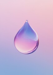 Digital illustration of a single drop of water. the drop is in the center of the image and is made up of a gradient of colors - pink, blue, and light blue.