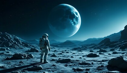 Obraz premium Astronaut standing on barren extraterrestrial surface with distant planet and stars 