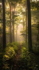 Obraz premium Ethereal Misty Morning in a Dense Forest Illuminated by Gentle Sunlight
