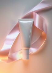 White tube of cream or lotion with a pink ribbon wrapped around it. the tube is cylindrical in shape and has a white cap on top.