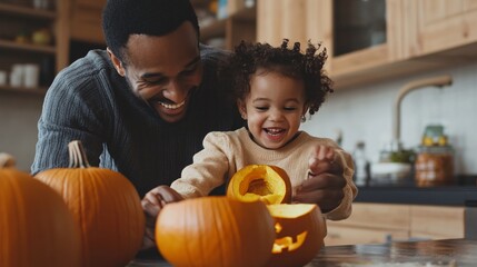 Fototapeta premium Happy family carving pumpkins together for halloween celebration