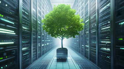 Lush green tree growing in modern data center with server racks