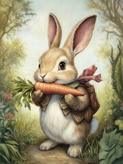 Vintage Easter Bunny with Carrot Portrait