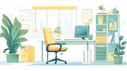 Bright and modern home office setup with plants, computer, and organized shelves in a sunny room