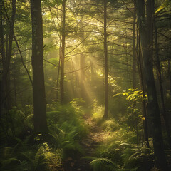 Obraz premium Ethereal Misty Morning in a Dense Forest Illuminated by Gentle Sunlight