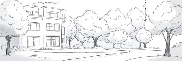 Sketch of a Building and Lush Green Trees