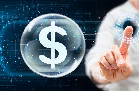 a hand touching a digital key of a digital dollar